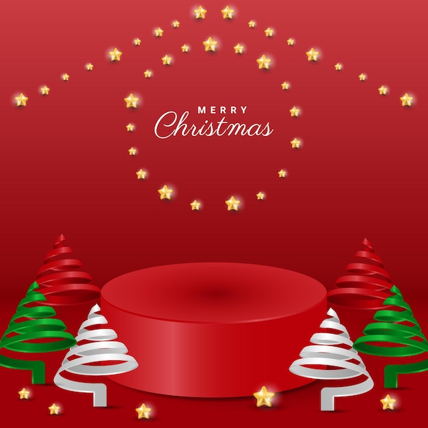 Vector 3d realistic merry christmas with podium, star and spiral tree