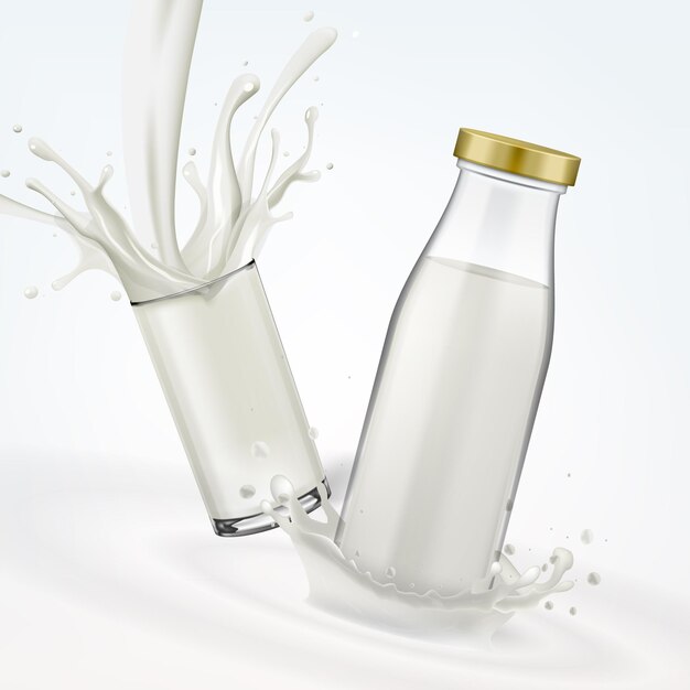 Vector 3d realistic milk bottle and glass package mock up