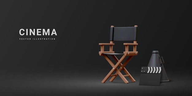Concetto di industria cinematografica realistica 3d concetto di design di produzione cinematografica ciak sedia regista e megafono in luce volumetrica su sfondo nero illustrazione vettoriale