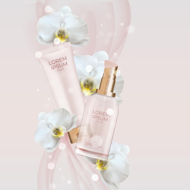 3D Realistic Natural cosmetic product cream bottle and tube with orchid flower.