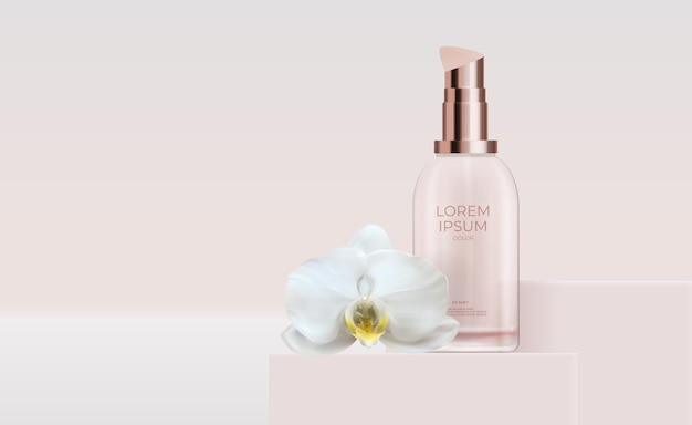 3d realistic natural cosmetic product for face care with orchid flower.