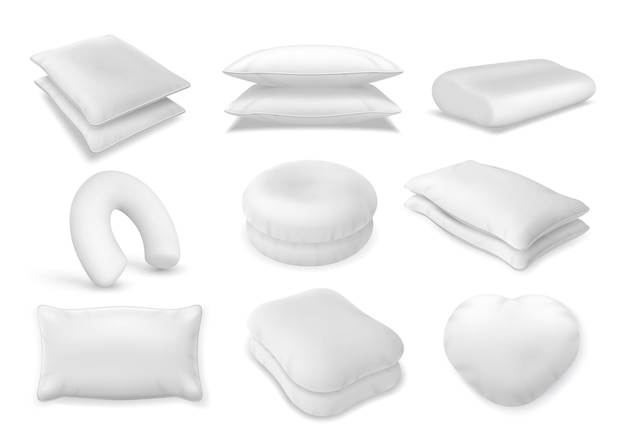 3d realistic neck pillow and sofa cushion mockup. Fluffy bolster pile, heart beanbag top view. Soft orthopedic and travel pillows vector set. Round, rectangular and heart shape for comfort and decor