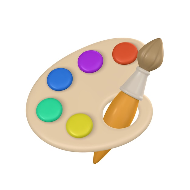 3d realistic palette with paints and brush in cartoon style Vector illustration