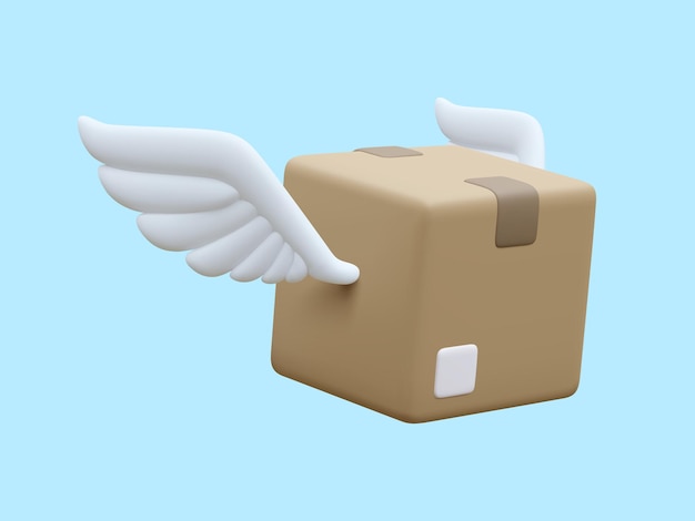 Vector 3d realistic parcel with wings isolated on blue background cardboard boxes for delivery service concept in cartoon style vector illustration