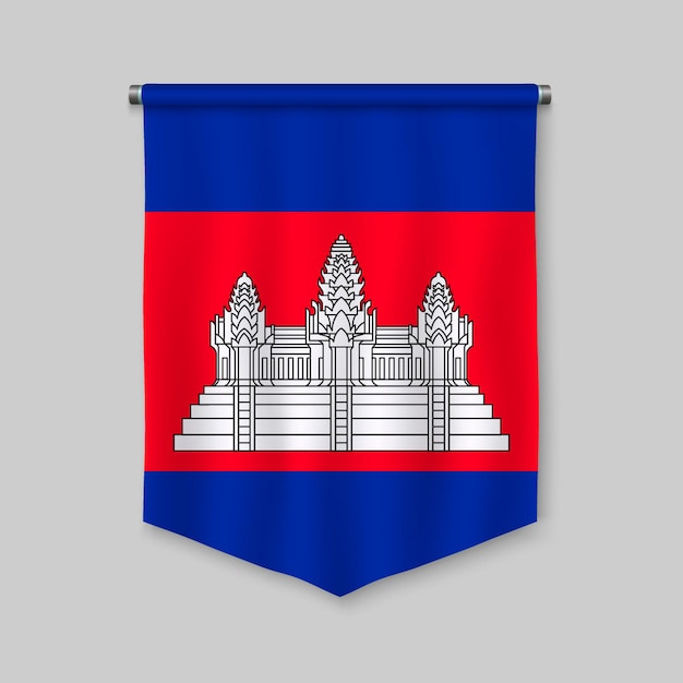 3d realistic pennant with flag of cambodia