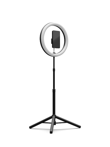 Vector 3d realistic phone on tripod with light bulb live stream concept vector illustration