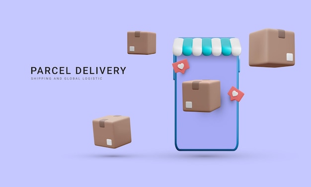 Вектор 3d реалистичный телефон с тентом магазина в социальных сетях, таких как летающая коробка доставки для баннера доставки интернет-магазины со смартфоном в мобильном приложении в мультяшном стиле векторная иллюстрация