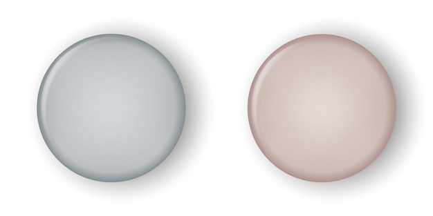회색 및 베이지색 파스텔 색상의 3d 실제 핀 라운드 버튼. 벡터 격리 된 그림