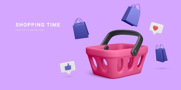3d realistic plastic shopping cart with gift bags and social icons on blue background vector illustration
