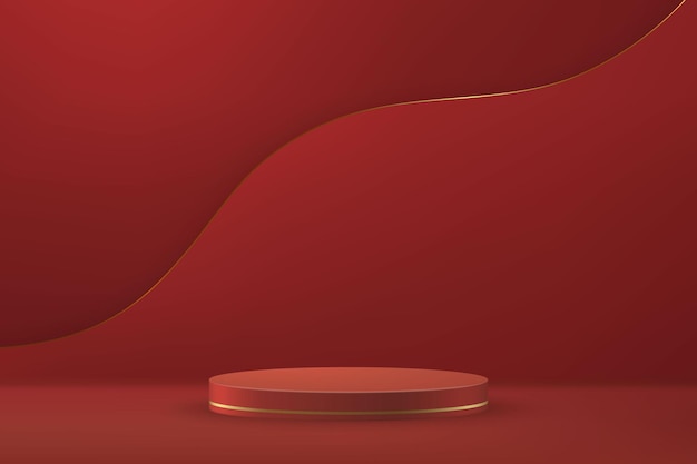 3d realistic podium or pedestal on red luxury background