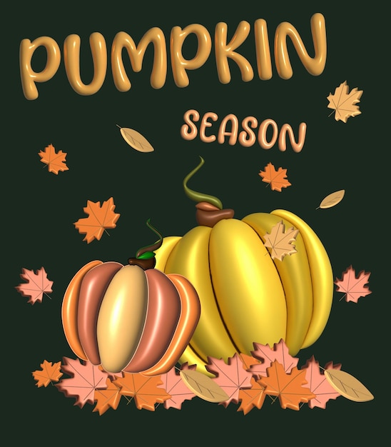 3d Realistic pumpkins and leaves Decoration for halloween and autumn sale banners an other Vector illustration on black background