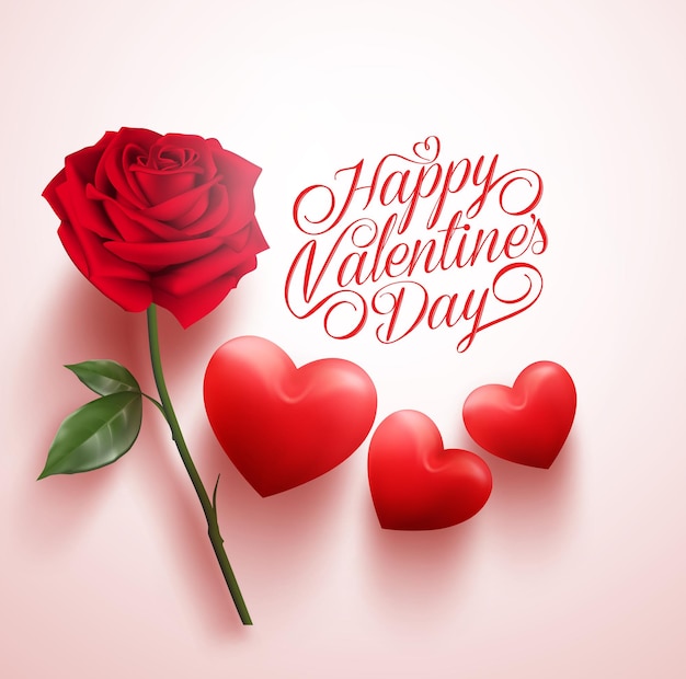 3D Realistic Red Rose and Hearts with Happy Valentines Day Message