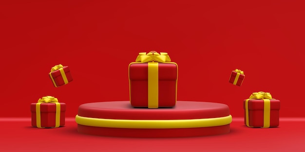 3d realistic red round podium with gold circle on light background Scene and platform with gift boxes on light background Design pedestal for christmas Vector illustration