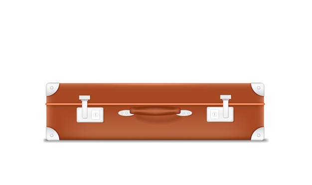 Вектор 3d реалистичный ретро кожаный коричневый изношенный чемодан с металлическими углами, ремнями и значком ручки