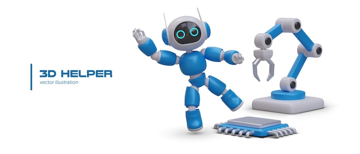 Vector 3d realistic robot mechanical hand industrial robot manipulator poster with 3d helper