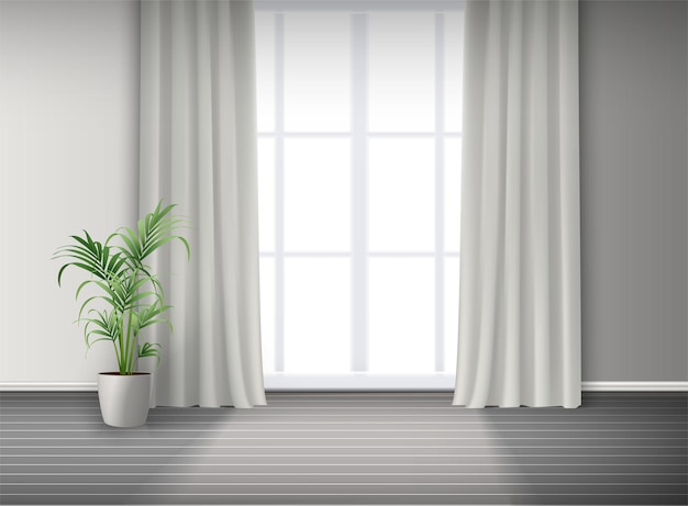 3d realistic room interior with big window with light and curtains and potted plant on the floor.