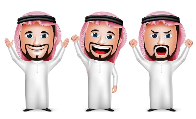 Personaggio dei cartoni animati dell'uomo arabo saudita realistico 3d che alza le mani in alto gesto indossando thobe