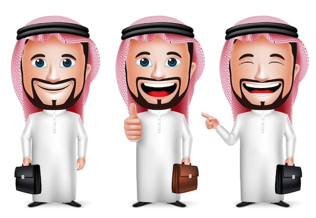 Personaggio dei cartoni animati dell'uomo arabo saudita realistico 3d con posa diversa che tiene la valigetta che indossa thobe