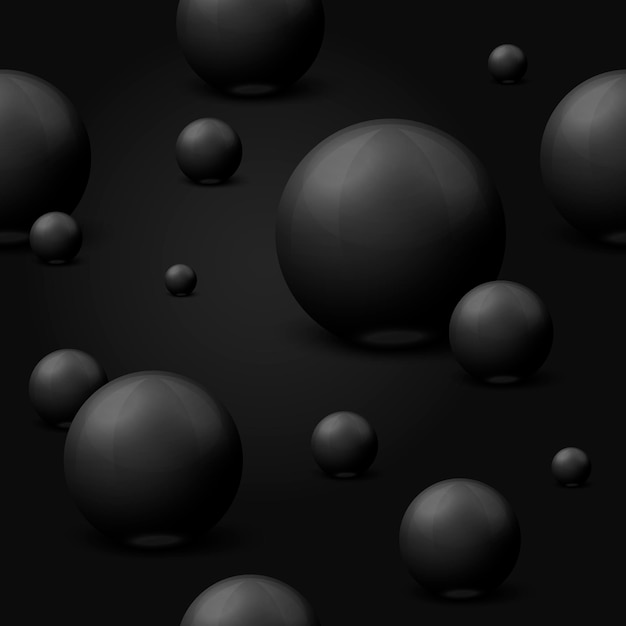 Vector 3d realistic seamless pattern with black marble balls, laying on the surface