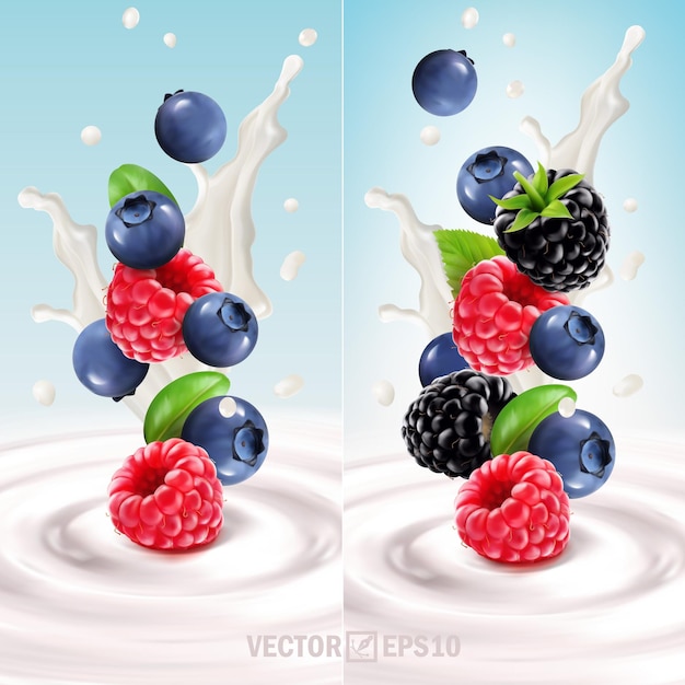 Vector 3d realistic set of falling wild berries in yogurt or milk blueberry raspberry cranberry cowberry