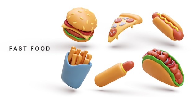 Set realistico 3d hamburger pizza hot dog taco e patate fritte