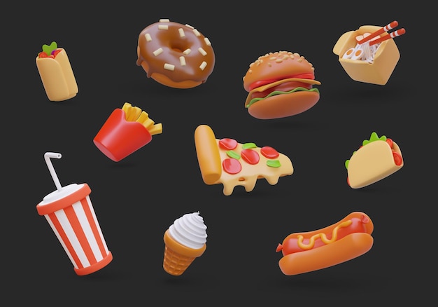 Vector 3d realistic set of tasty fast food on black background collection of street food