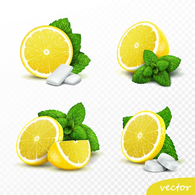 Vettore insieme realistico 3d di limoni interi e affettati con foglie di menta fresca, opzioni con pillole rotonde e cuscinetti di gomma