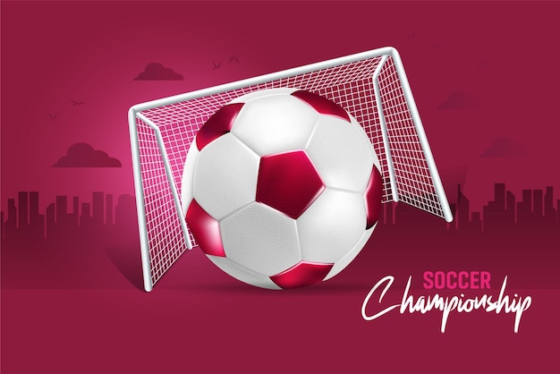 3d Realistic Soccer championship league with world cup maroon football league goal post background