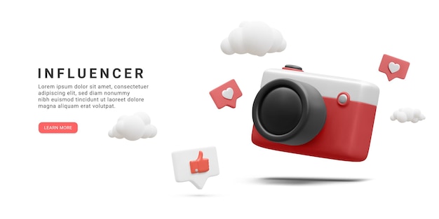 Vettore banner di social media realistico 3d con nuvole di fotocamera e icone sociali isolate su sfondo bianco illustrazione vettoriale