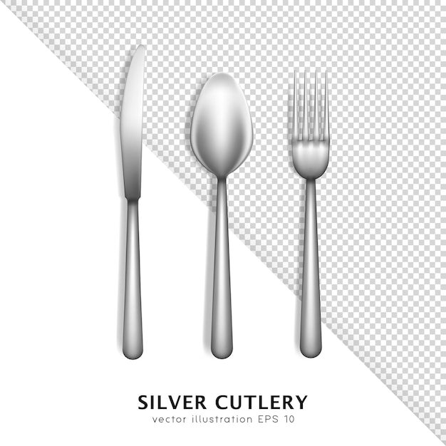 3d realistic stainless steel cutlery. Top view of 3D metal silver fork, spoon and knife