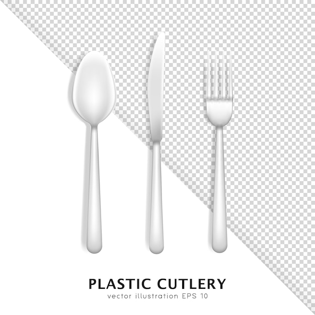 3d realistic stainless steel or plastic cutlery. Top view of 3D white white fork, spoon and knife