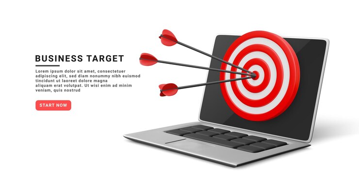 Vector 3d realistic start up banner with arrows target and laptop targeting the business vector illustration
