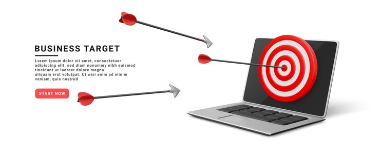 Vector 3d realistic start up banner with flying arrows target and laptop targeting the business vector illustration