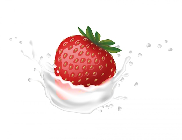 3d realistic strawberry milk splash.