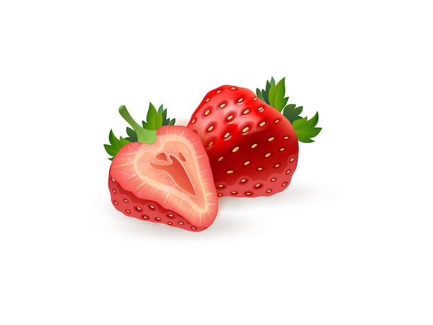 3D Realistic Strawberry Vector Set Whole and Sliced Strawberry Illustration Isolated