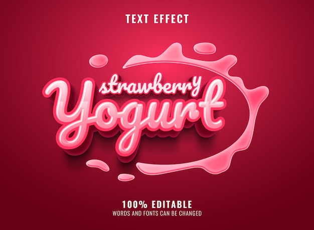 Vector 3d realistic strawberry yogurt with milk splash label text effect