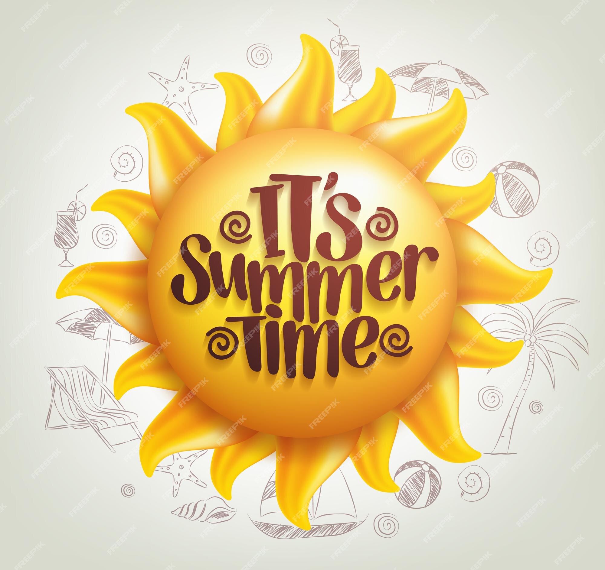 It's summer time vector banner design template with colorful beach elements  and white space for text and title in yellow pattern background for summer  season. Vector illustration. Stock Vector