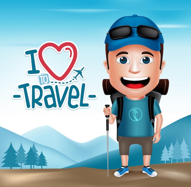 3D Realistic Tourist Man Character Wearing Hiker Outfit Mountain Climber with Mountain Background