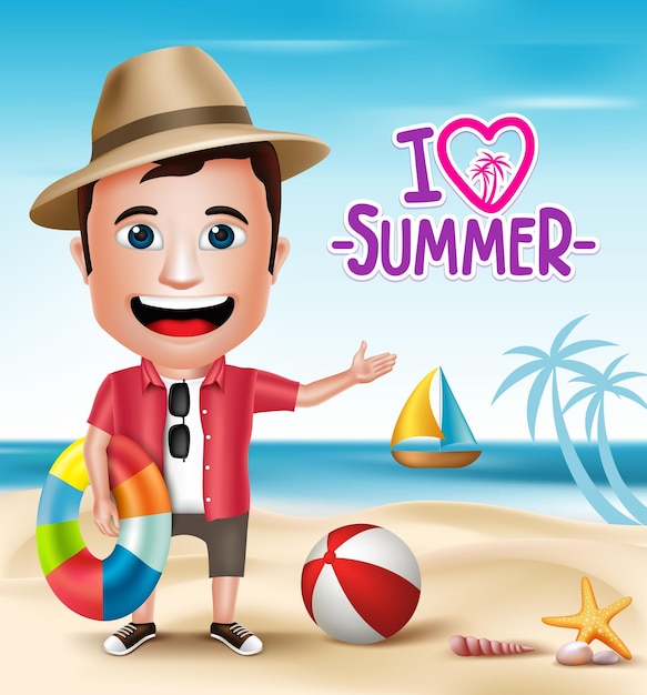 3D Realistic Tourist Man Character Wearing Summer Outfit with Beach Sea shore Background