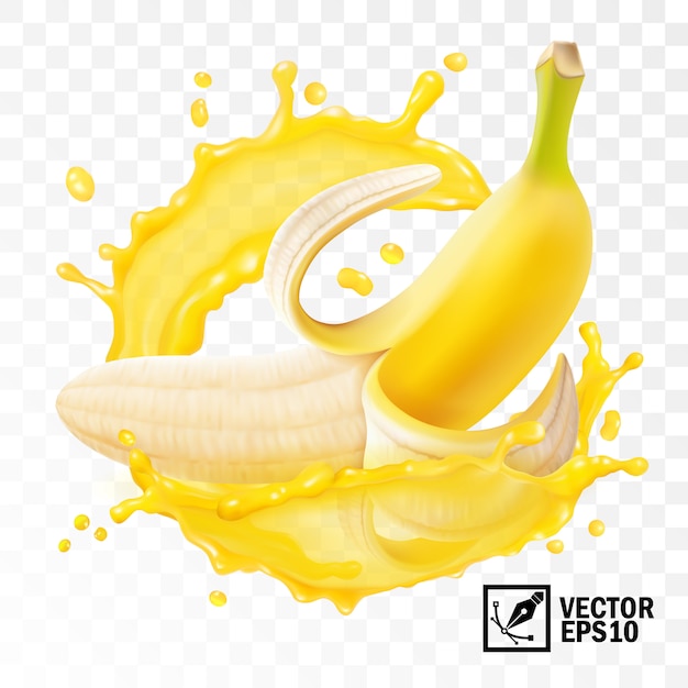 방울, 식용 수제 메쉬 주스의 스플래시에 3D 현실적인 투명 격리, 껍질을 벗긴 바나나 과일