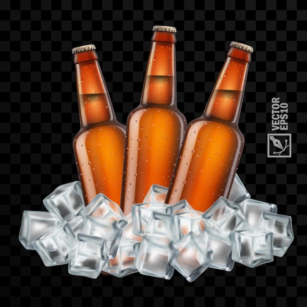 3d realistic transparent beer bottles in ice cubes