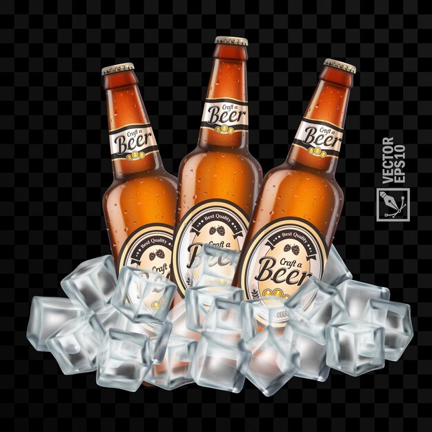 Vettore bottiglie di birra trasparenti 3d realistiche con etichetta in cubetti di ghiaccio