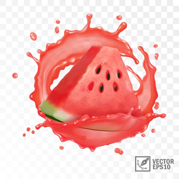 Vector 3d realistic transparent vector slice of watermelon in a splash of juice