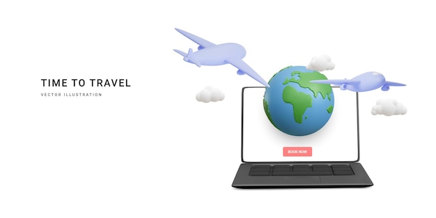 3d realistic travel banner with laptop planet and airplane time to travel vector illustration