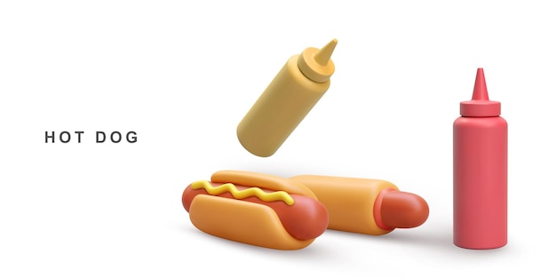 Vector 3d realistic two hot dog and ketchup mustard ketchup