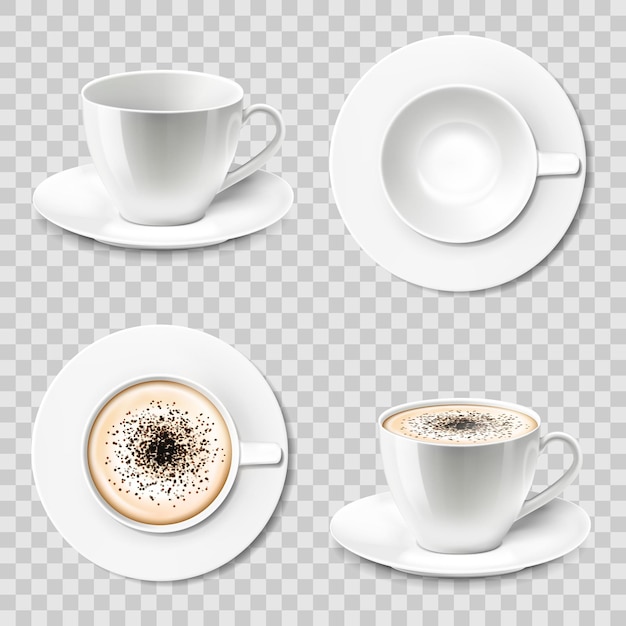 Vettore tazza vettoriale 3d realistica di cappuccino o caffè latte, vista dall'alto, vista laterale. set di tazzine da caffè o tazza con piattino, isolato su uno sfondo trasparente