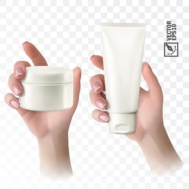 Vector 3d realistic vector hand holding cosmetic tube and jar