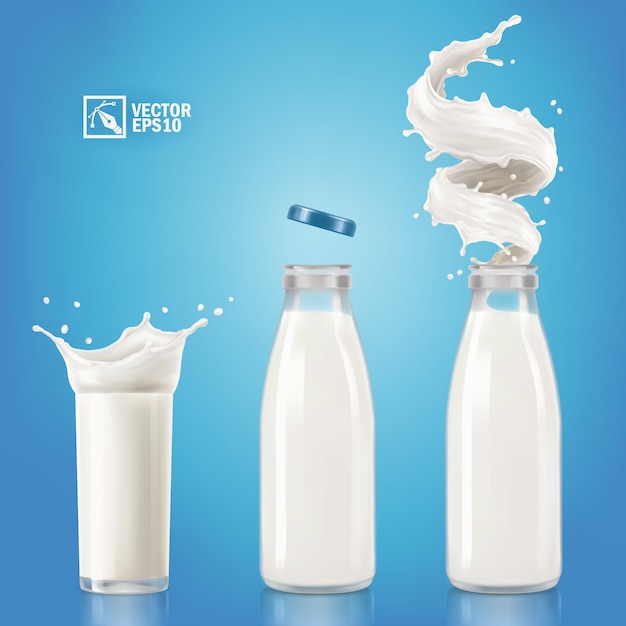 Vector 3d realistic vector transparent bottle and glass with splashes of milk