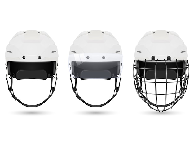 ベクトル 3種類の3dリアルホワイトホッケーヘルメット-保護なし、バイザーとゴールキーパー付き。白い背景で隔離。