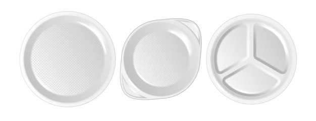 分離された3dリアルな白いプラスチックまたは紙の使い捨て食品皿プレートアイコンセット。使い捨て台所用品の上面図。デザインテンプレート、グラフィックのモックアップ、ブランドアイデンティティ。ベクトルイラスト